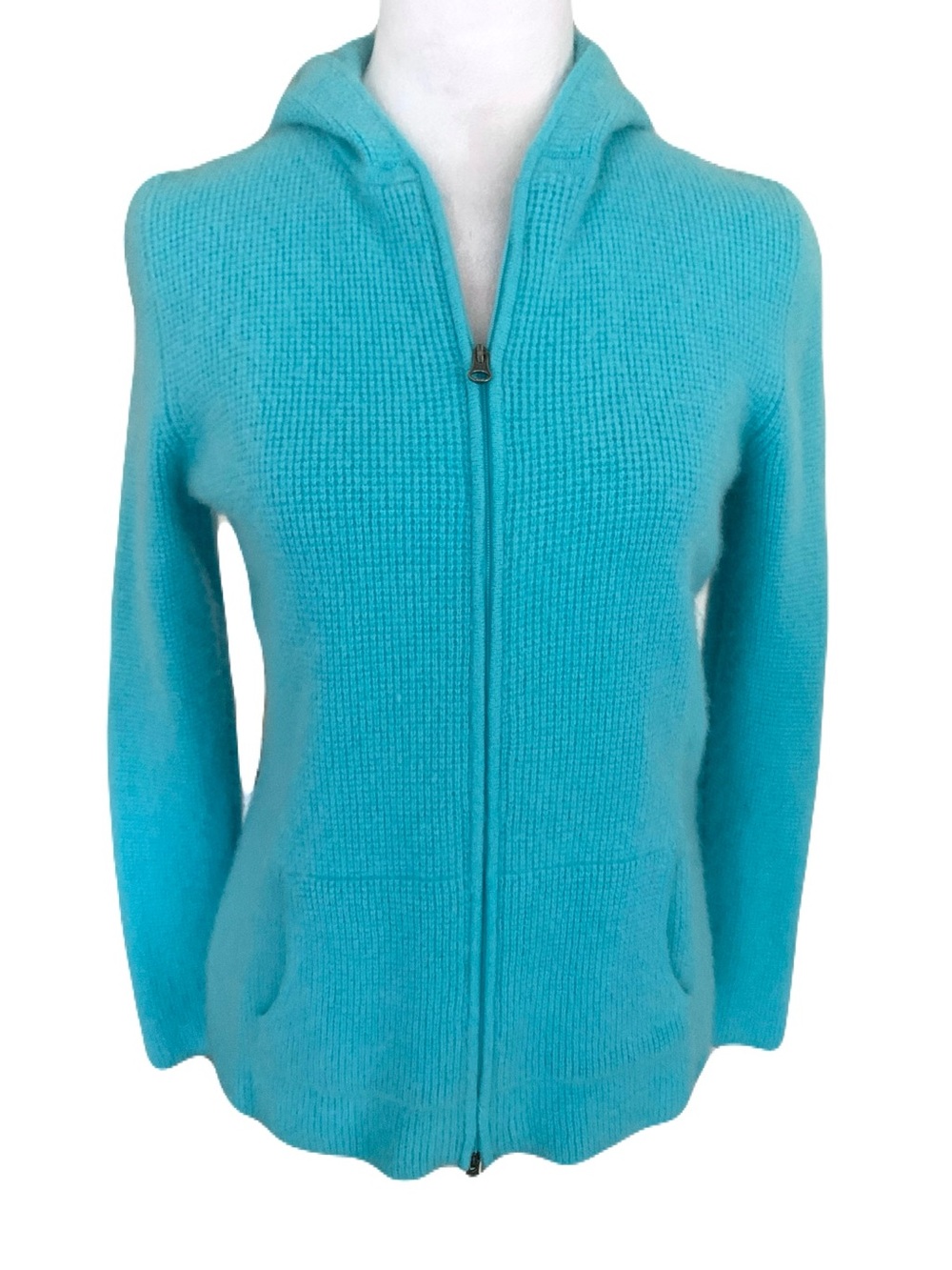 L.L. Bean Size Medium Turquoise Cashmere Hooded Zip Cardigan Soft Cozy Comfy